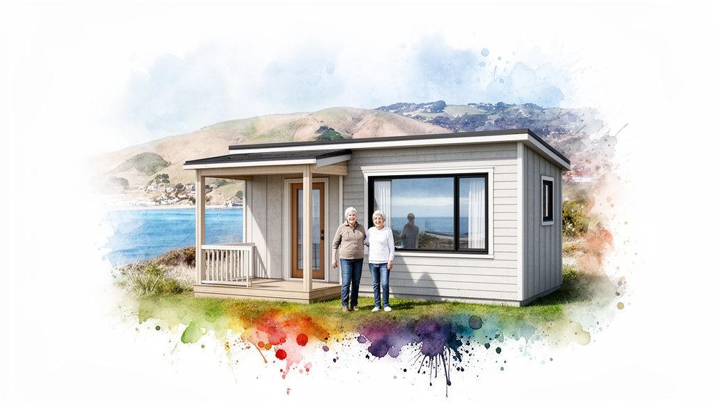 Elderly couple smiles in front of a modern coastal home with a scenic watercolor background.