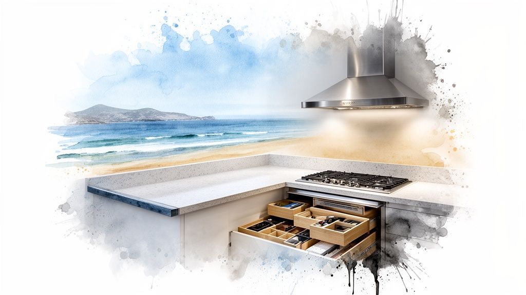 Modern kitchen counter with gas stove, extractor hood, and open organized drawers, set against a beach watercolor.
