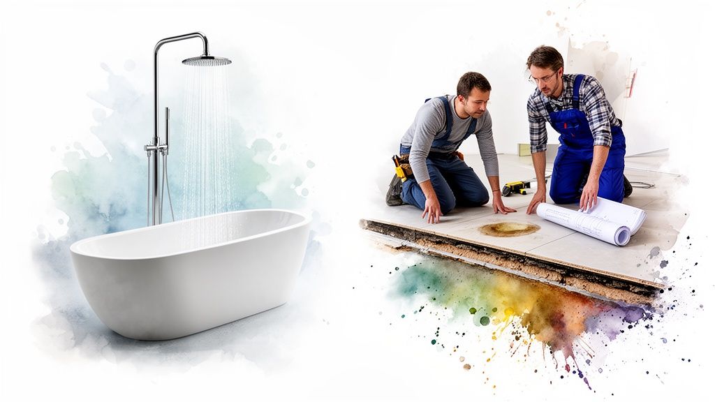 Modern freestanding bathtub with shower and two workers reviewing blueprints for bathroom renovation.