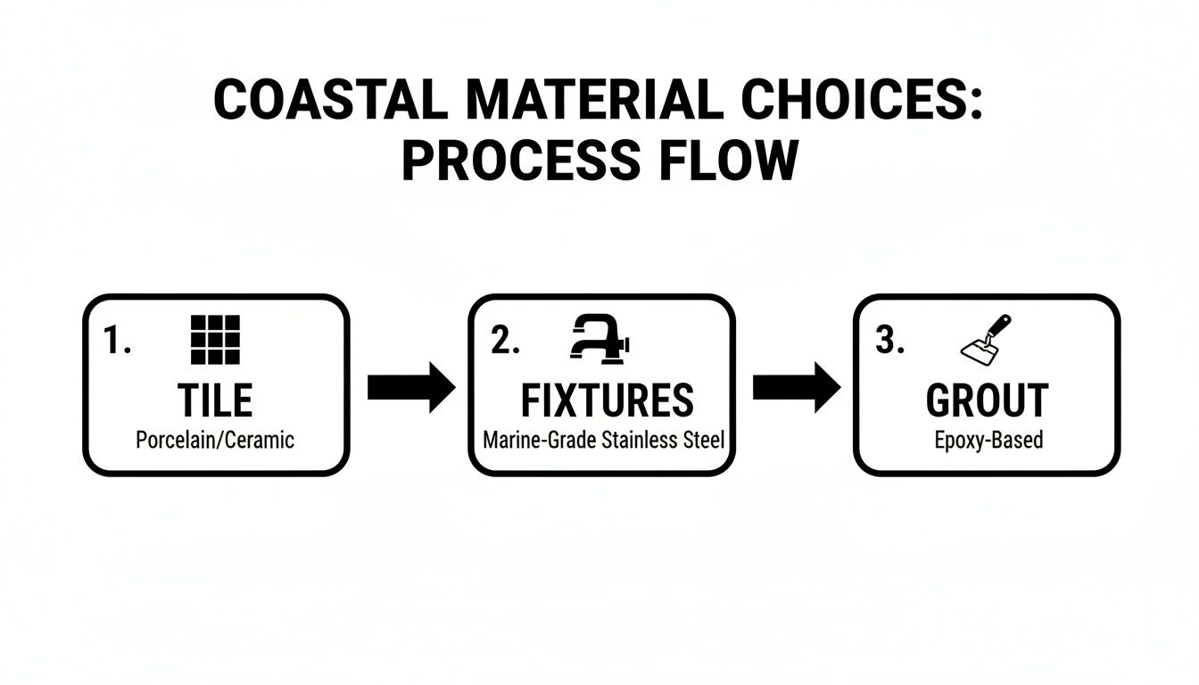 Process flow diagram showing coastal material choices: porcelain/ceramic tile, marine-grade stainless steel fixtures, and epoxy-based grout.
