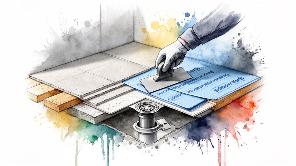 Detailed diagram of modern shower waterproofing and floor drain installation with a gloved hand applying mortar.