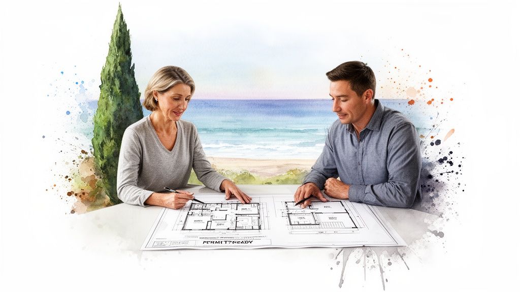 A man and woman review permit-ready architectural blueprints with a watercolor background of a beach.