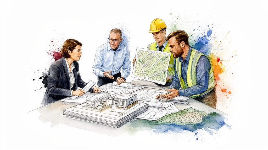 A diverse team of architects and engineers collaborates on construction plans and building models.