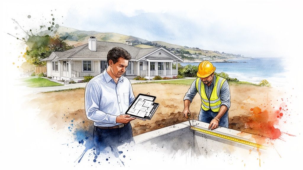 An architect reviews blueprints on a tablet while a worker measures a concrete foundation at a coastal construction site.
