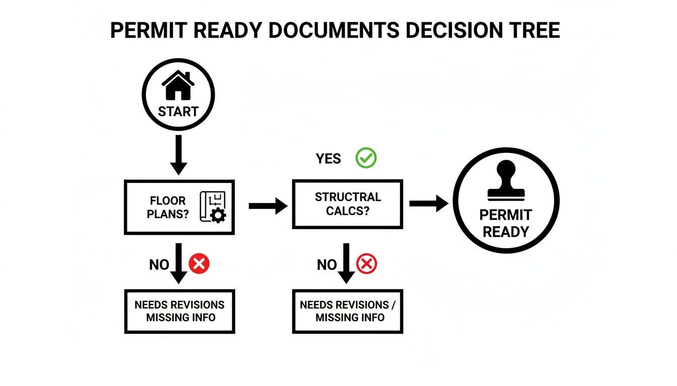 A decision tree flowchart illustrating the steps to achieve permit-ready documents, from start to final approval.