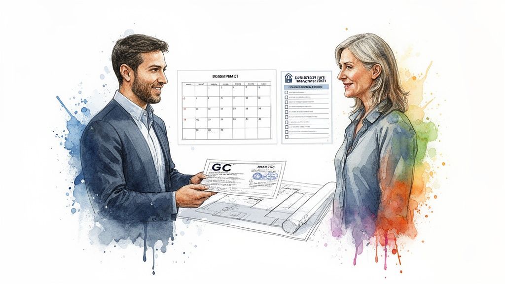 Watercolor illustration of a man and woman discussing building permits, blueprints, a calendar, and a checklist.