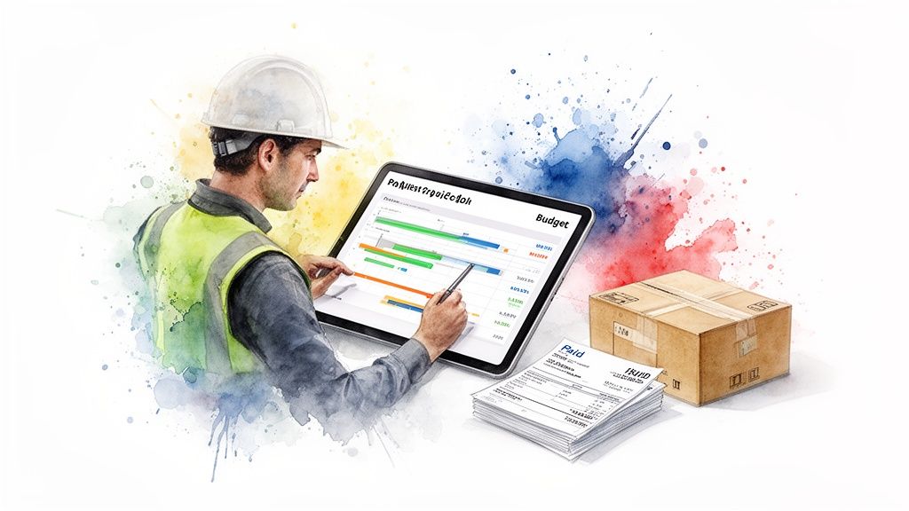A construction worker in a hard hat reviews budget data on a tablet with invoices and a box.