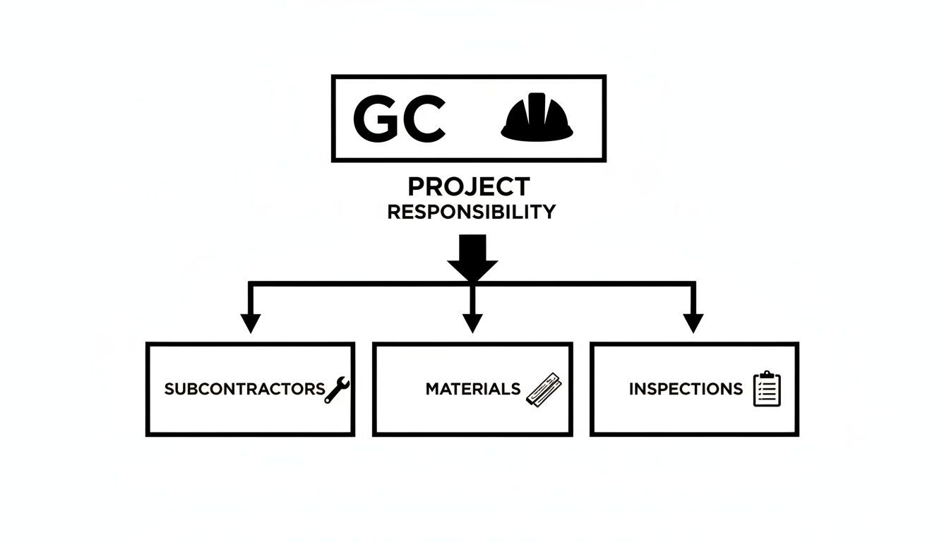 An organizational chart illustrating a General Contractor's project responsibilities, including subcontractors, materials, and inspections.