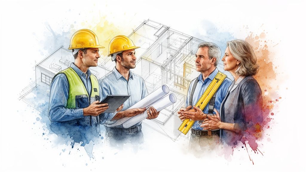Four construction or design professionals discussing building plans against a watercolor-style house blueprint.