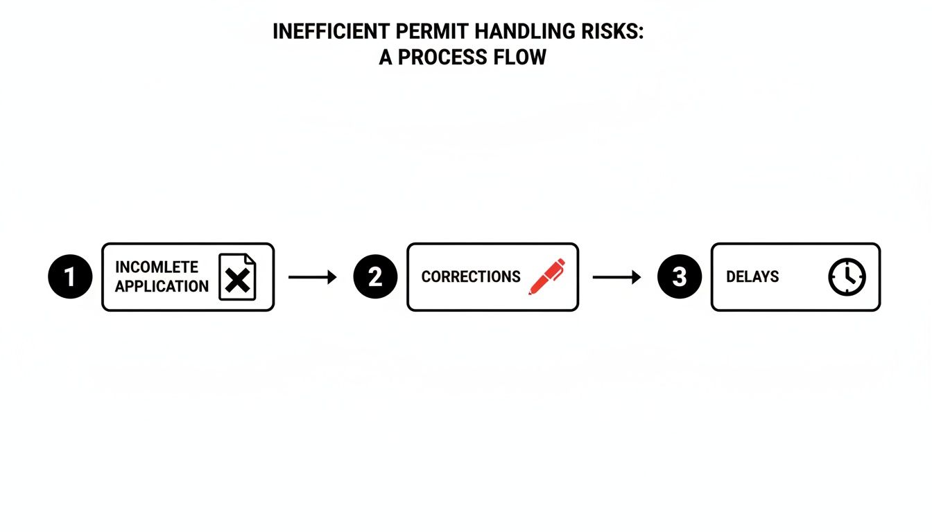 A flowchart showing inefficient permit handling, starting with incomplete applications, then corrections, and finally delays.