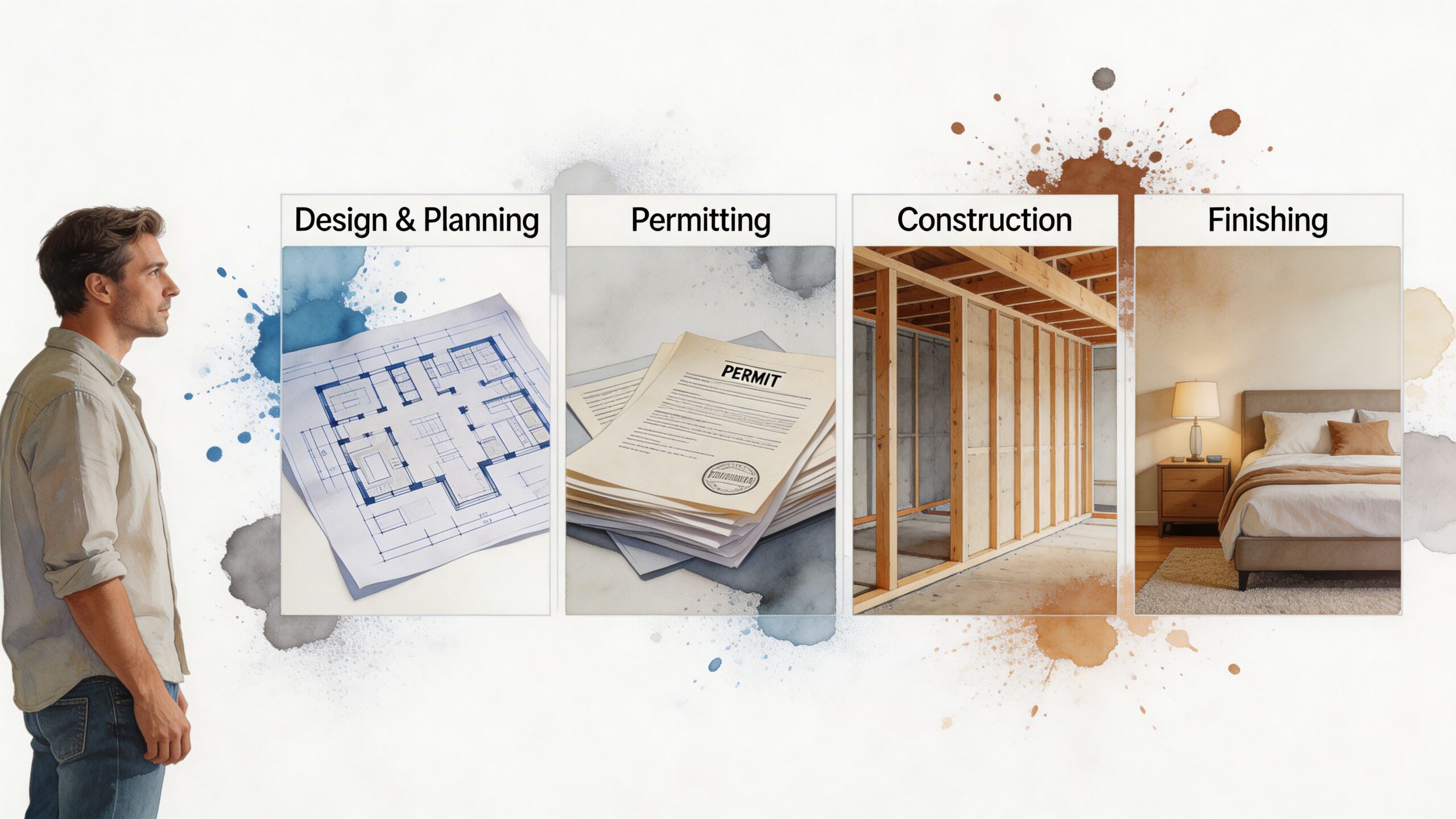 A man looking at a four-stage diagram illustrating the master suite addition process from planning to completion.
