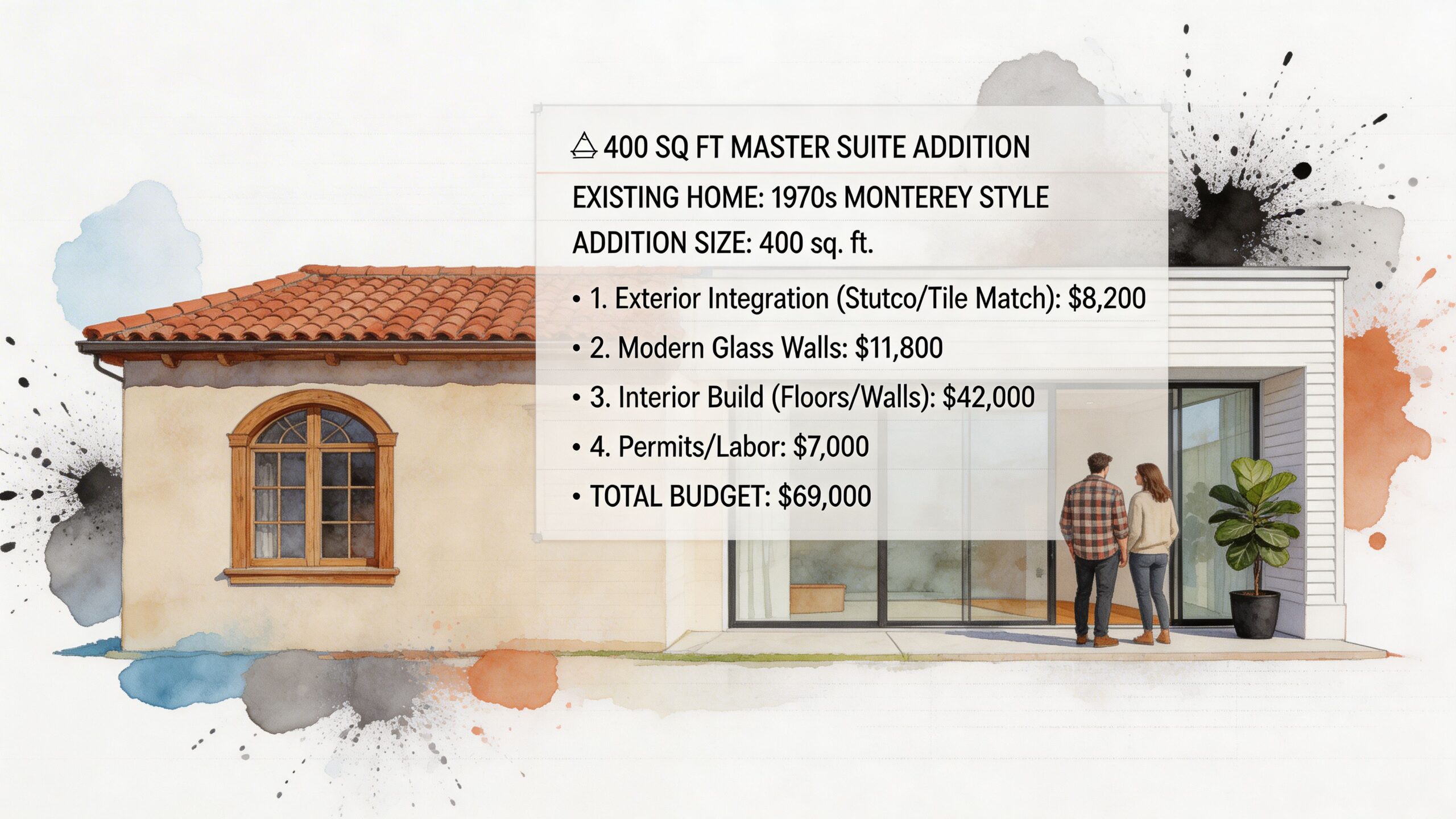 A digital architectural rendering of a home renovation featuring a 400 square foot master suite addition project cost.