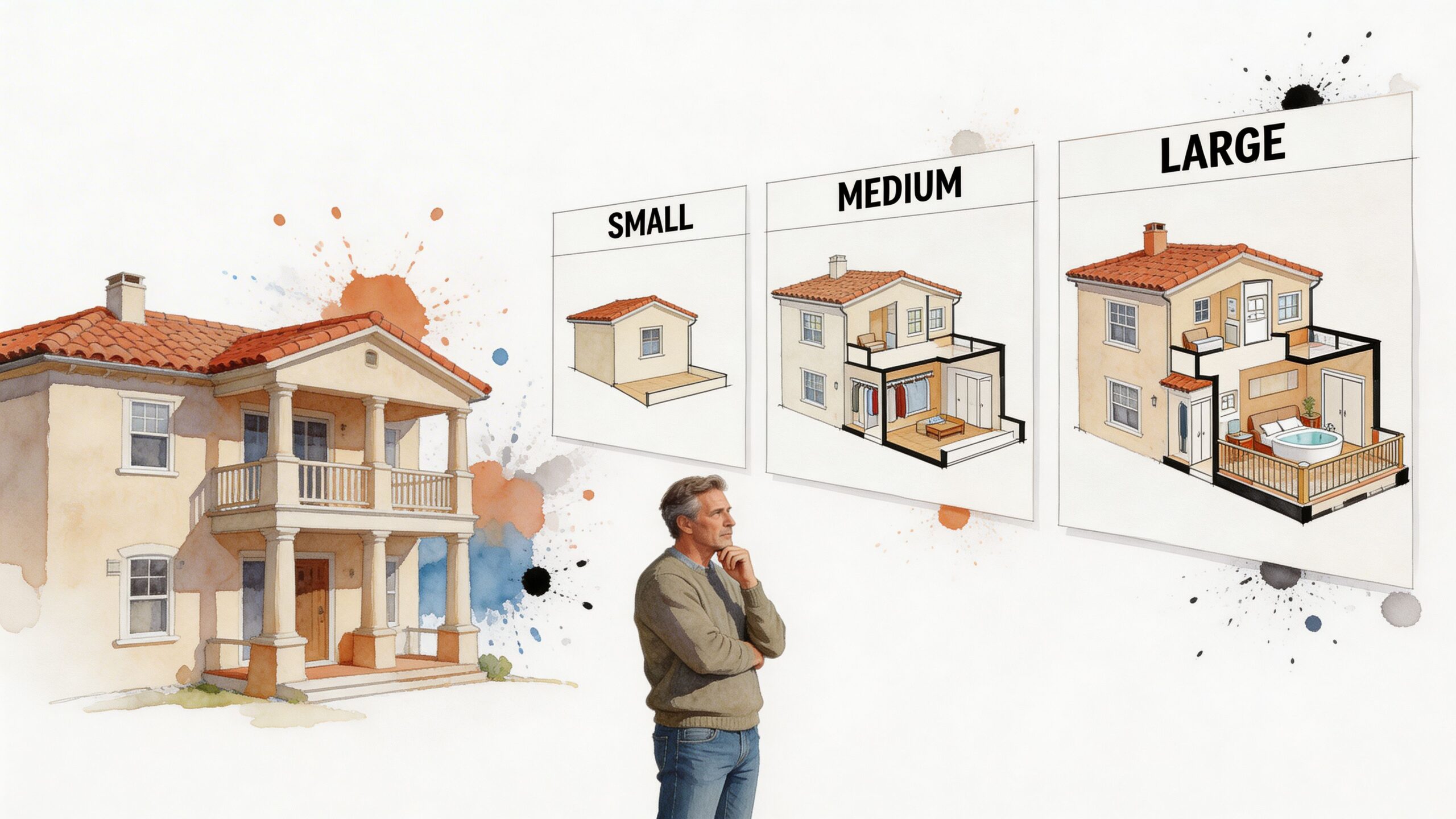 A man contemplates different sizes of home master suite additions ranging from small to large layouts.