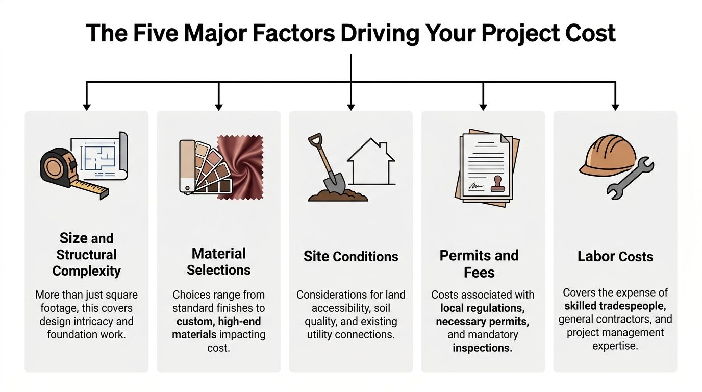 An infographic detailing five major factors that drive the total cost of construction projects.