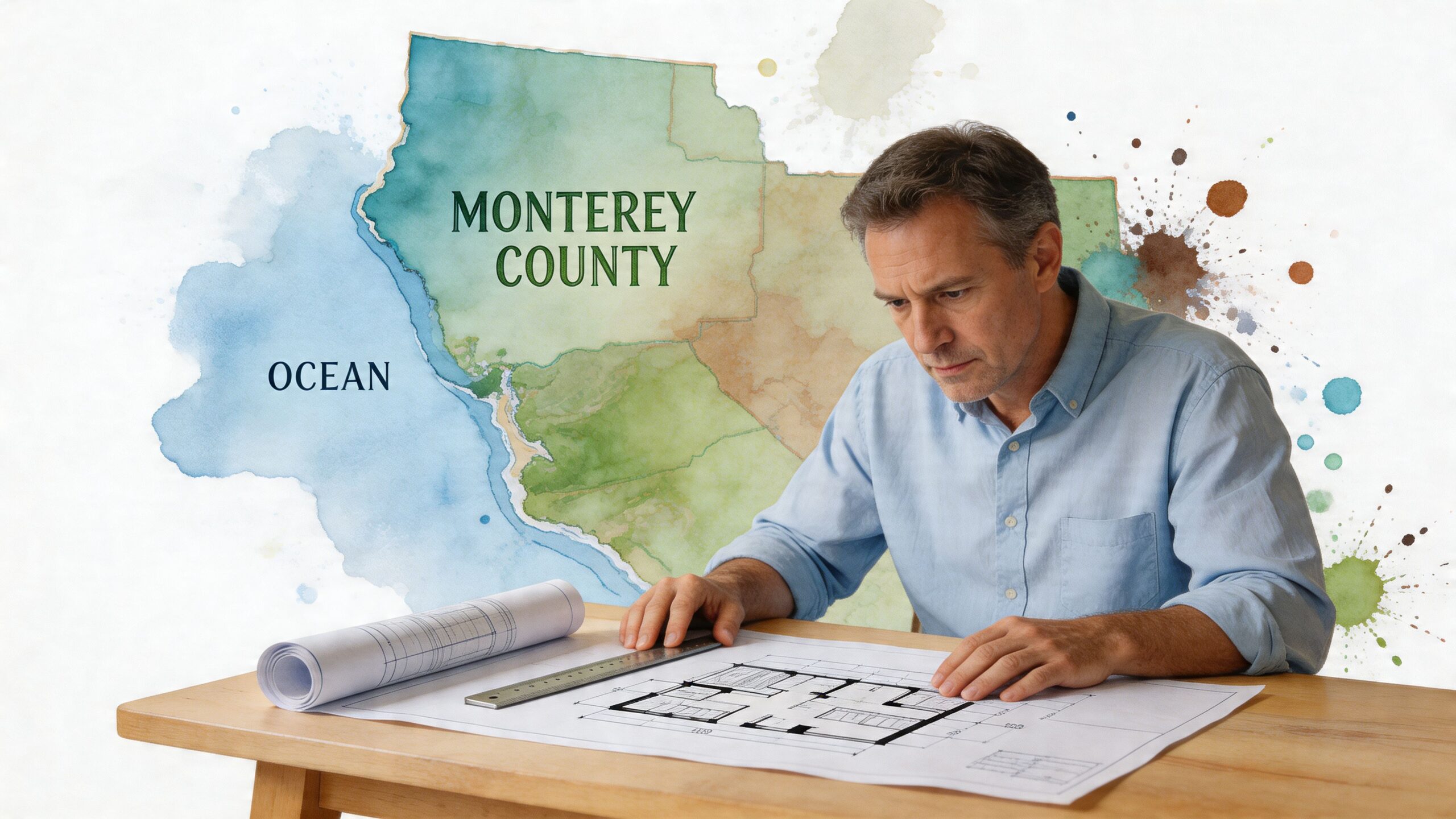 A professional man reviewing architectural blueprints for a home remodeling project with a Monterey County map background.