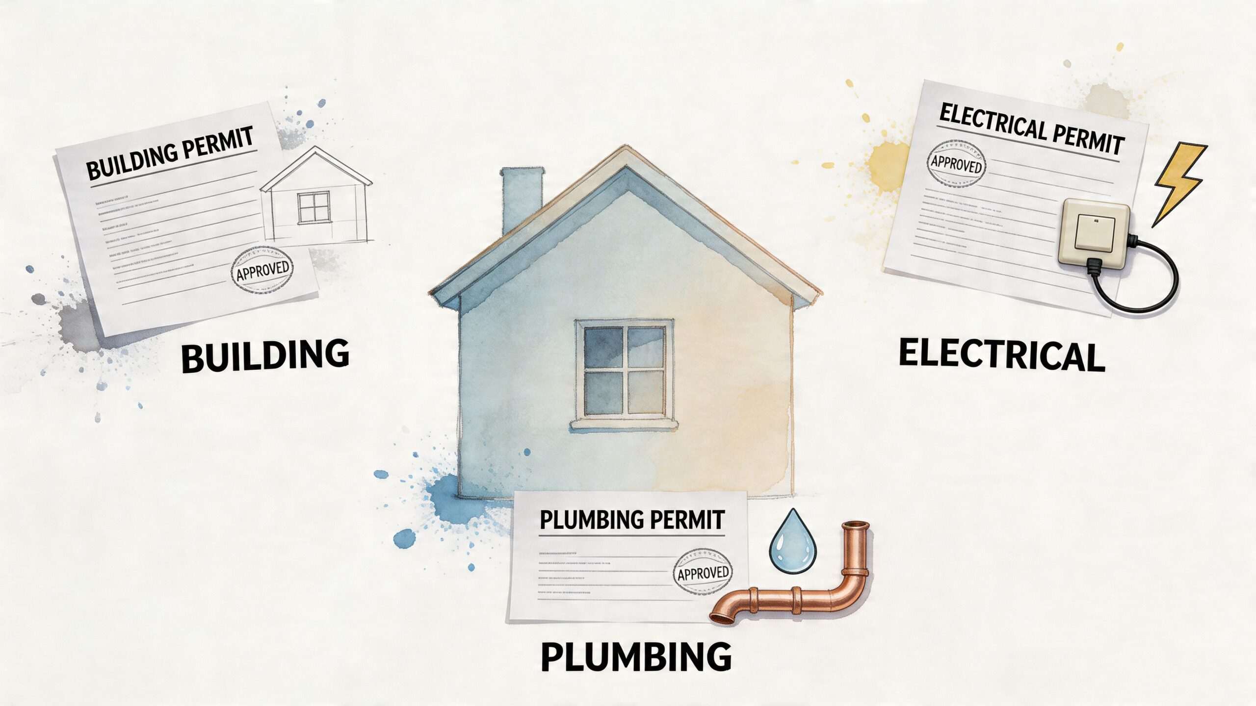 An illustration showing a central house surrounded by approved building, electrical, and plumbing permits for remodeling.