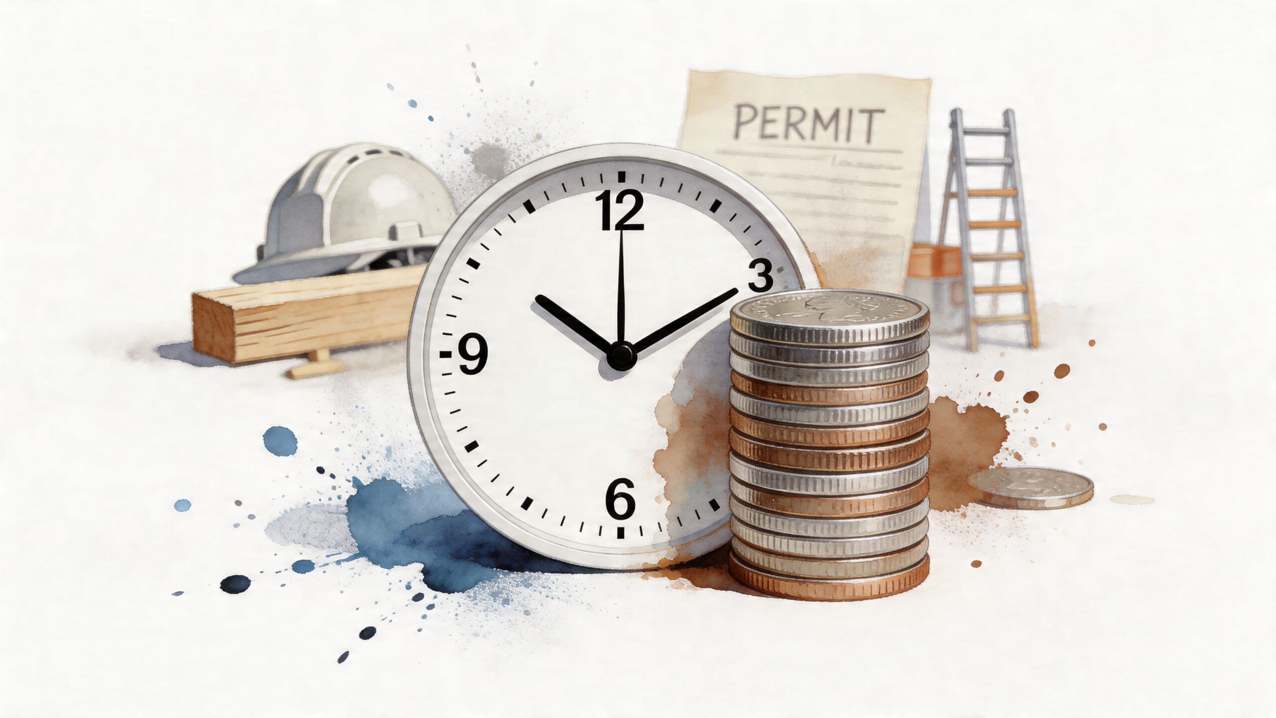 A conceptual illustration showing a clock, coins, hard hat, and building permit for home construction projects.