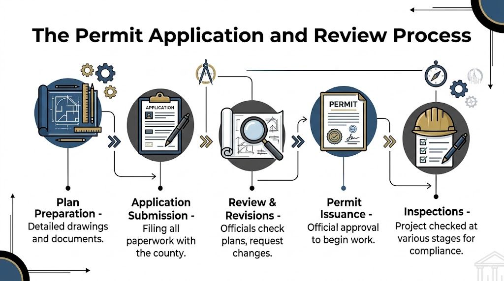 An infographic illustrating the five-step home remodeling permit and construction review process from planning to final inspections.