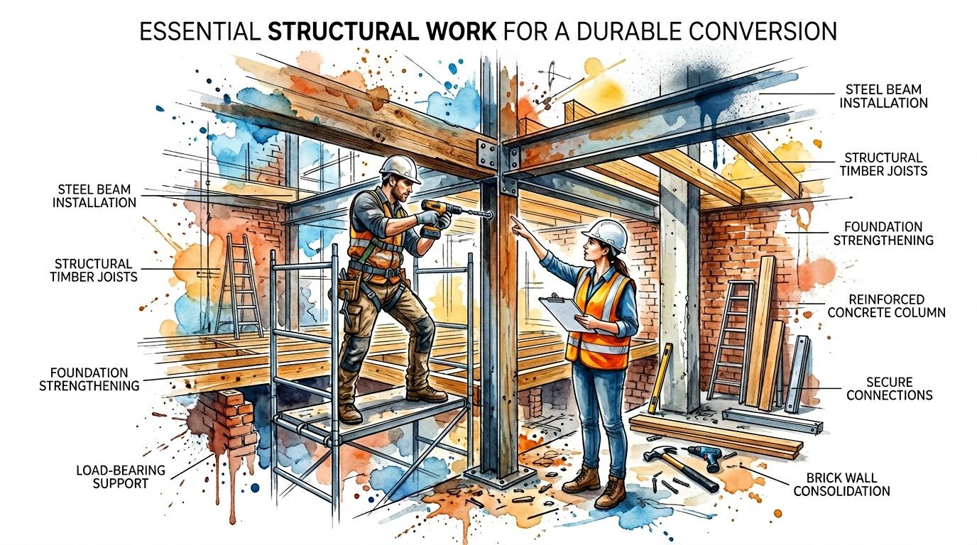 A professional construction worker and site supervisor collaborating on essential structural work for a building conversion project.