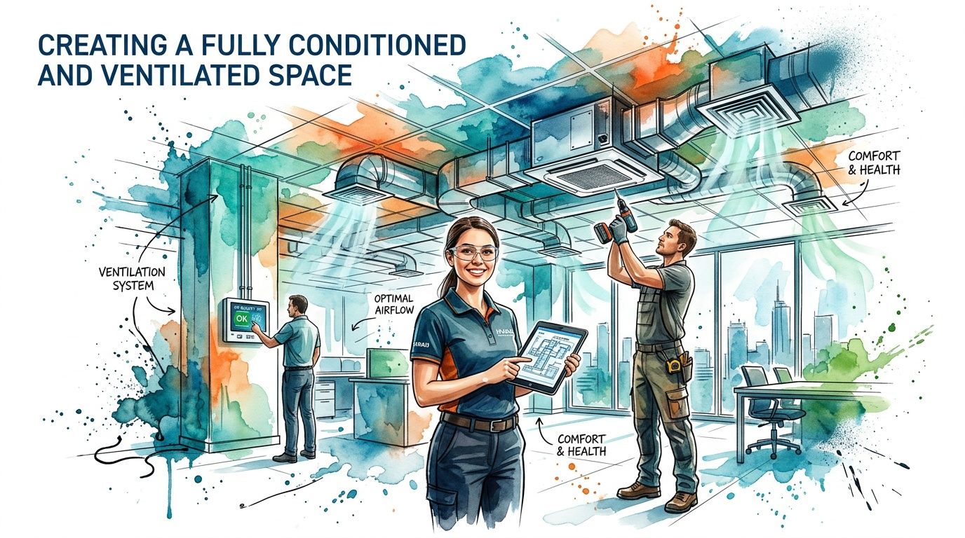 A professional team installing and managing an advanced HVAC ventilation system in a modern office space.