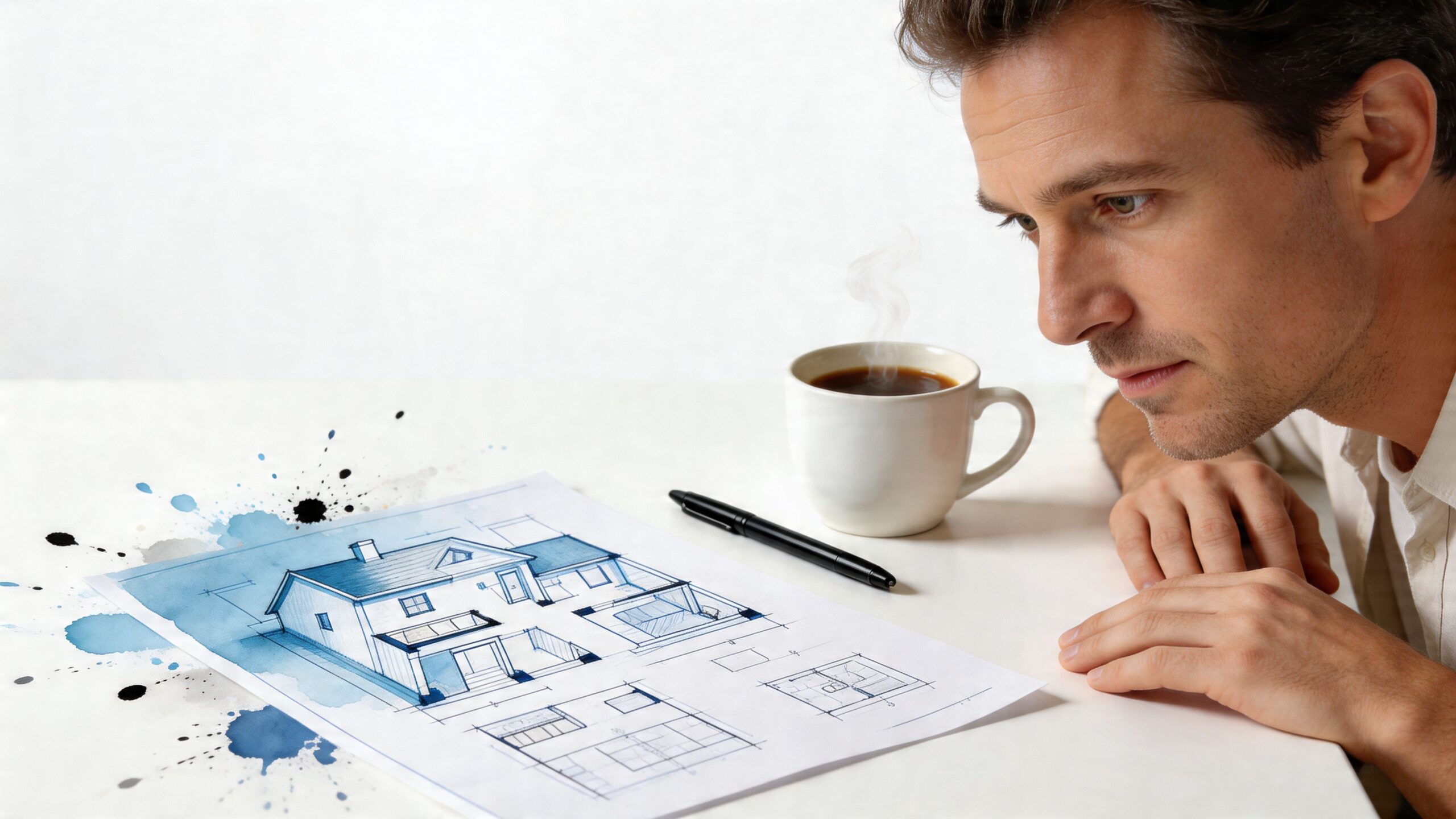 An architect thoughtfully reviews a detailed house blueprint while sitting with a steaming cup of coffee.