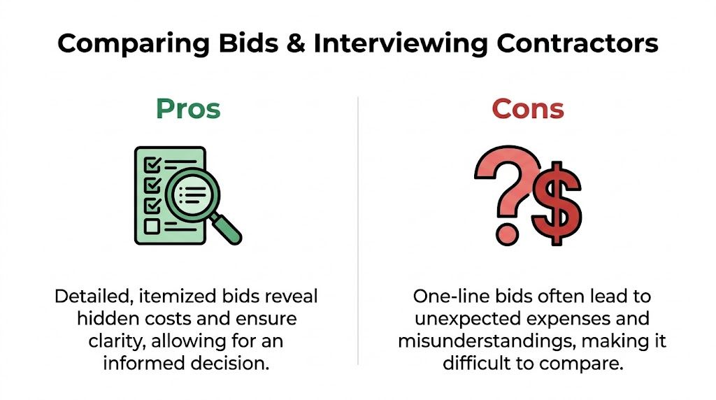 A comparison chart showing the benefits of detailed bids versus the risks of one-line contractor bids.