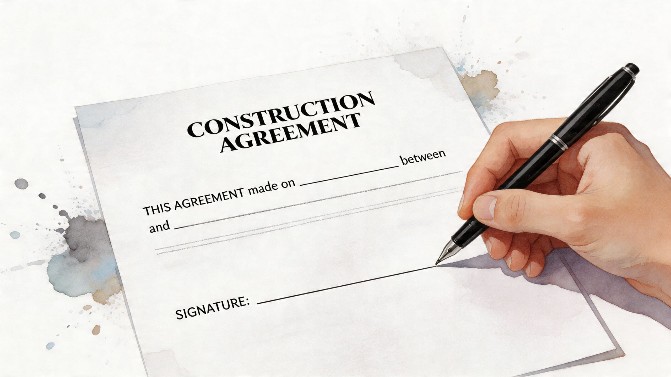 A hand holding a fountain pen, ready to sign a construction agreement document on a desk.