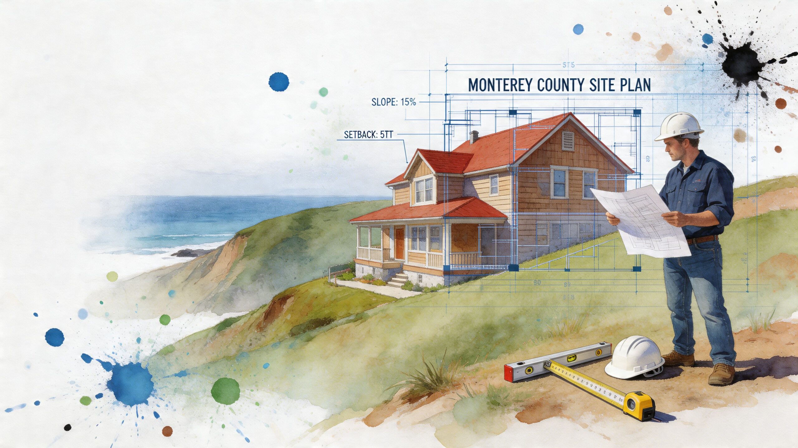 A construction professional reviewing blueprints for a hillside house plan with coastal views in Monterey County.