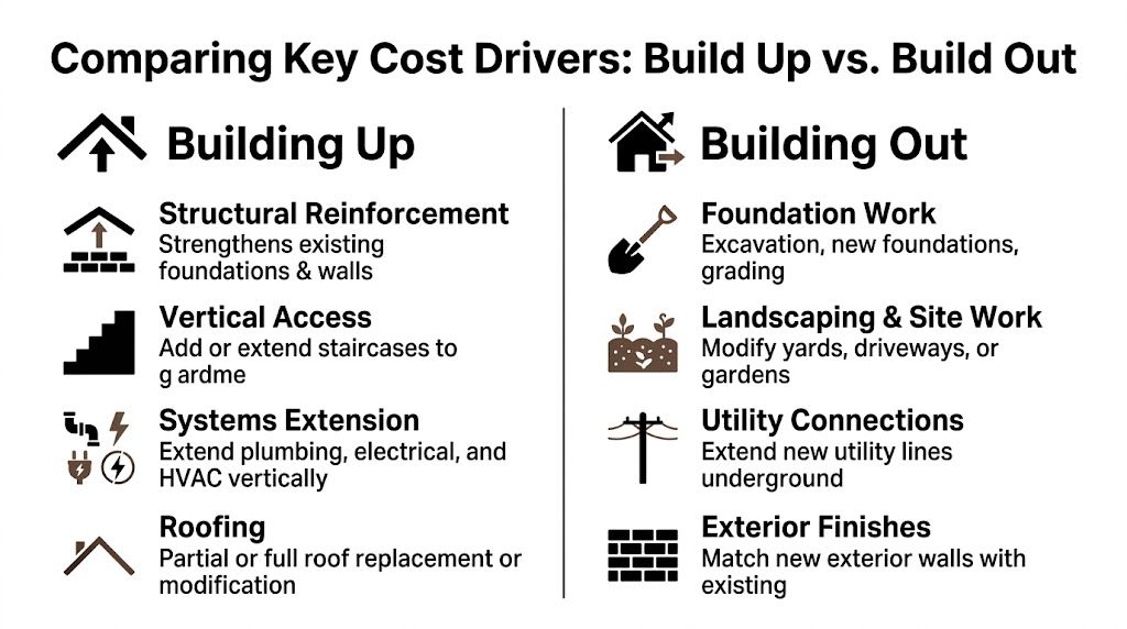 A comparison chart outlining the key cost factors associated with residential building up versus building out home additions.