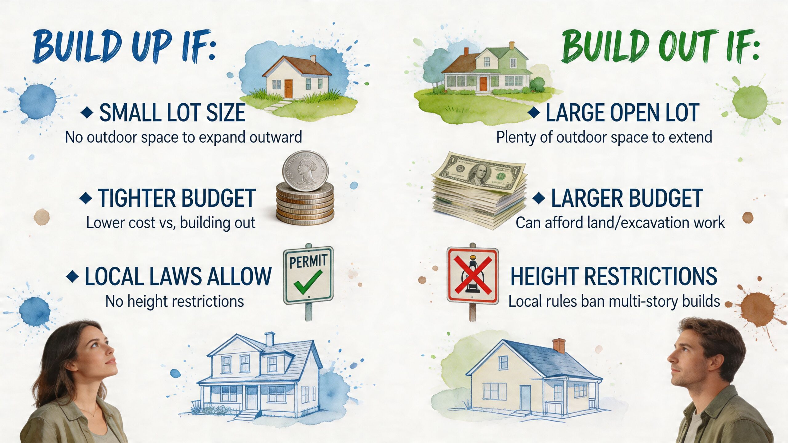 A comparison chart explaining when to build up versus build out for a home renovation project.