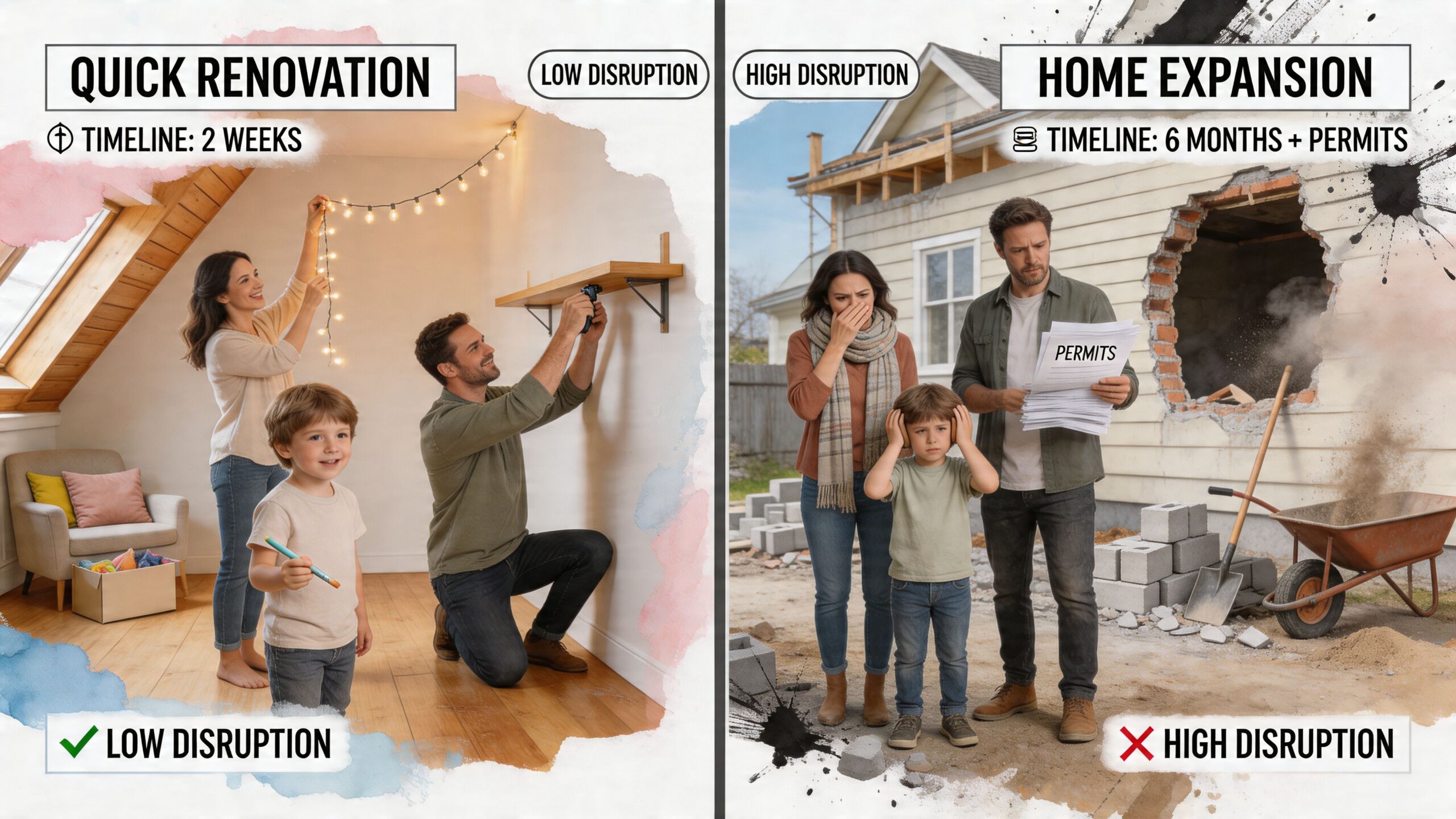 Comparison infographic showing a family enjoying a quick home renovation versus a stressed family during home expansion.