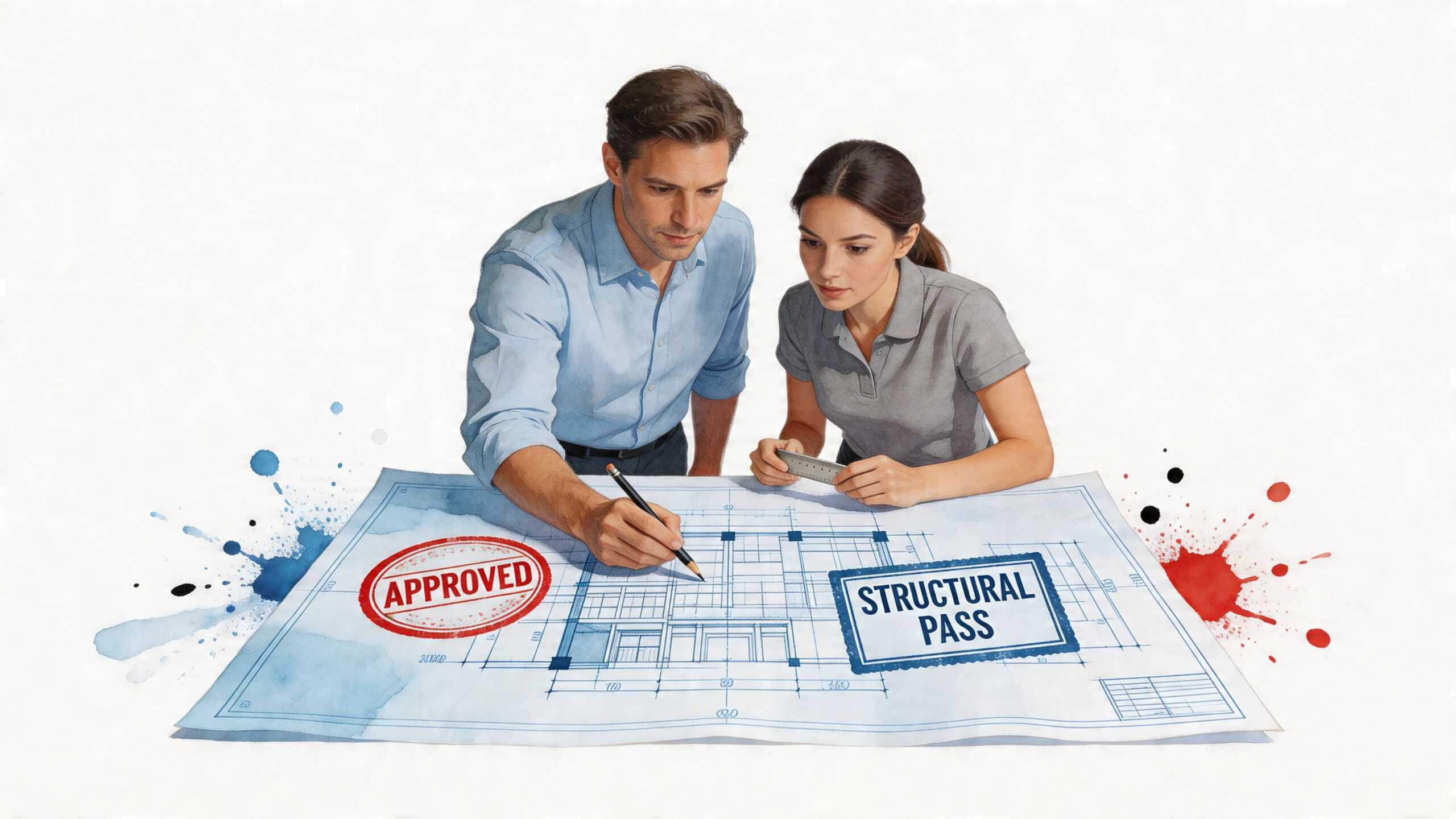 A professional man and woman reviewing architectural blueprints with approved and structural pass stamps on a desk.