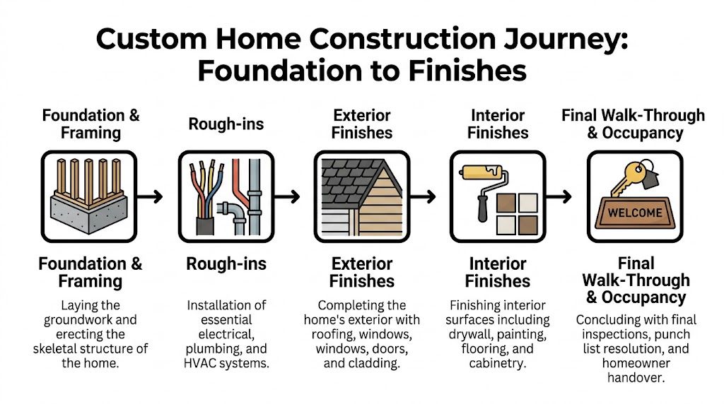 A diagram illustrating the step-by-step phases of the custom home construction process from foundation to completion.