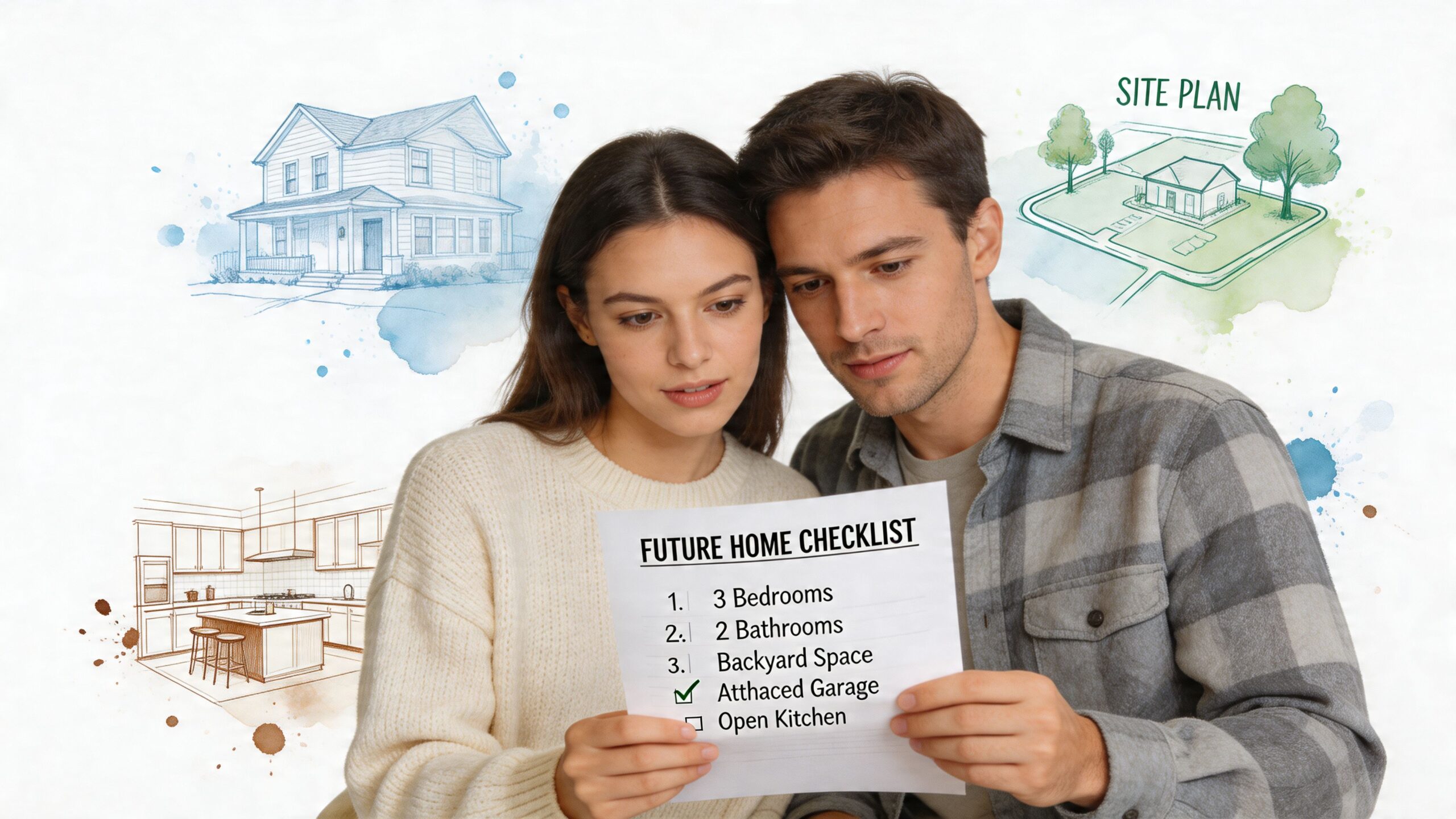 A young couple reviewing a home construction checklist with architectural sketches of a house in the background.