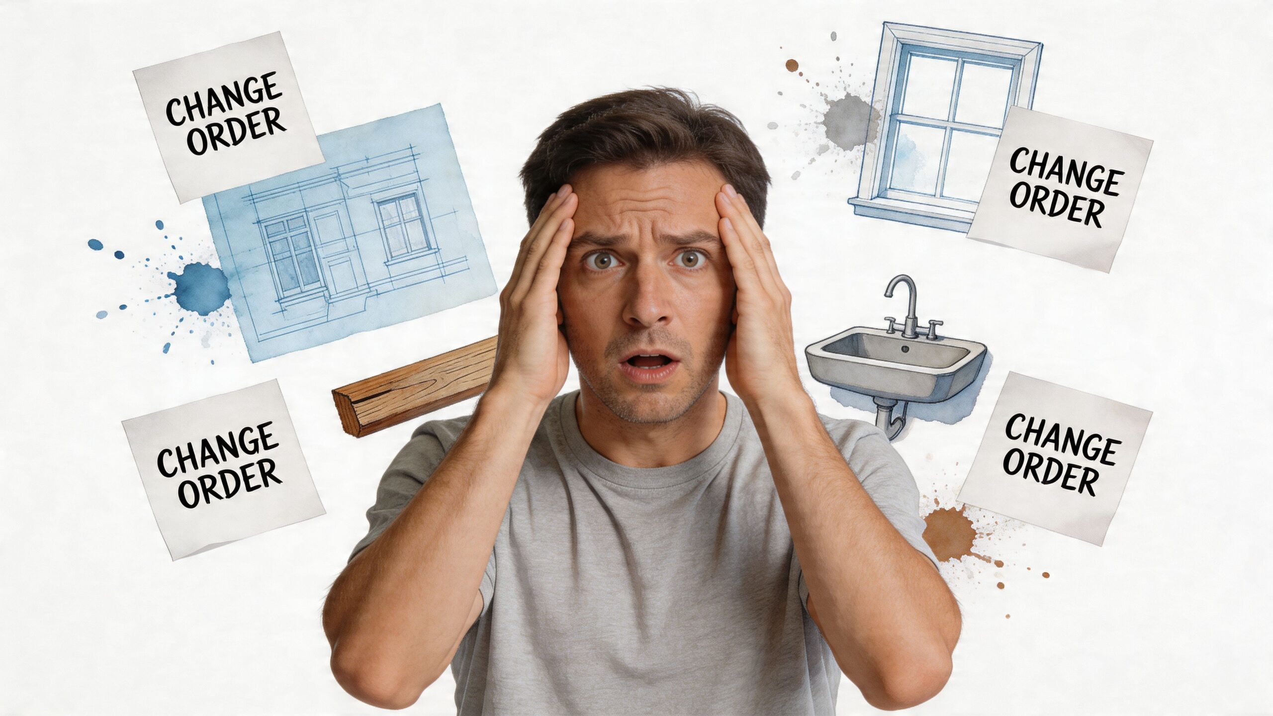 A stressed man overwhelmed by blueprints, construction materials, and repeated change order documents for home renovation.