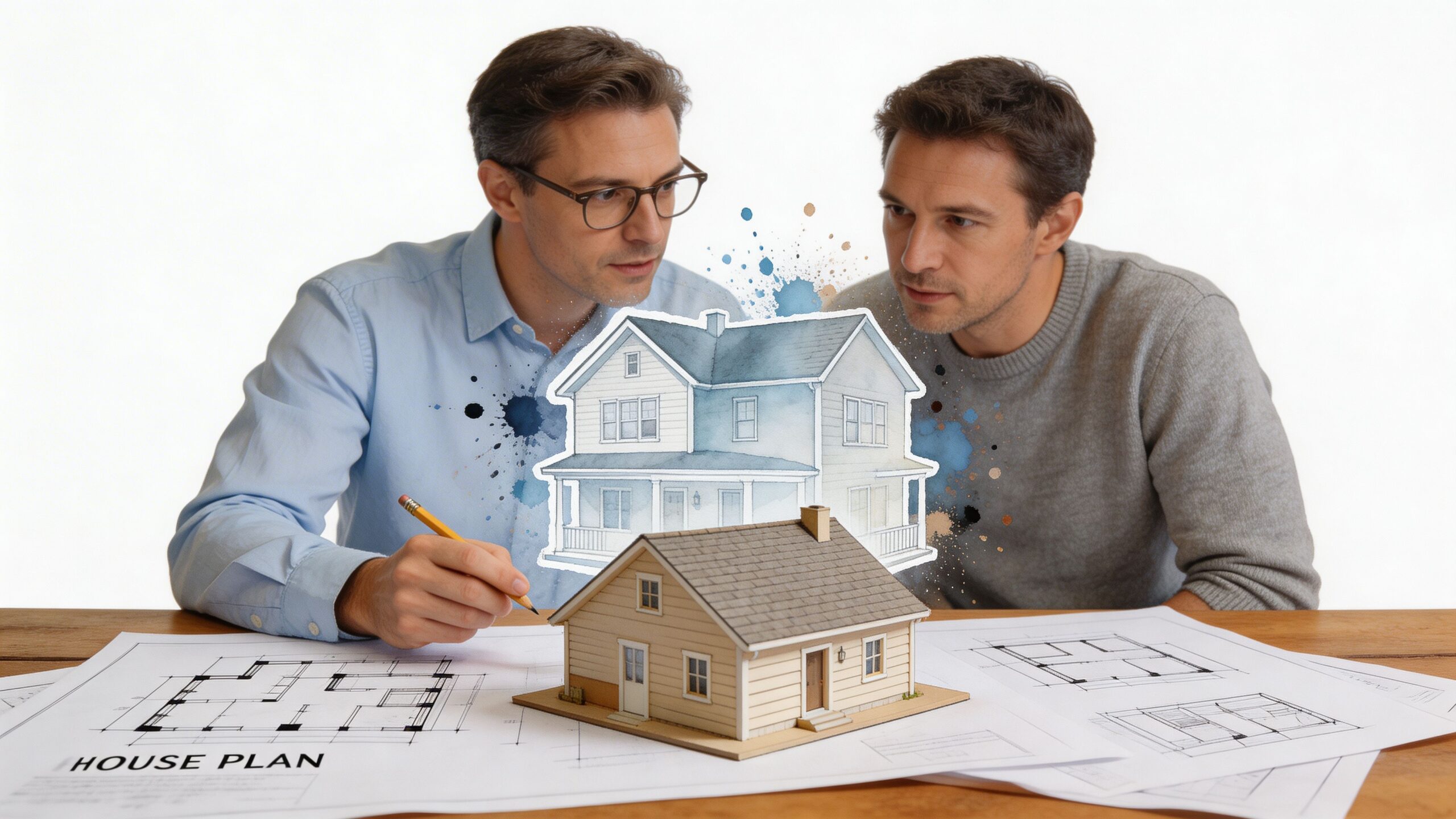 Two male architects planning a second story addition by reviewing blueprints and house models together.