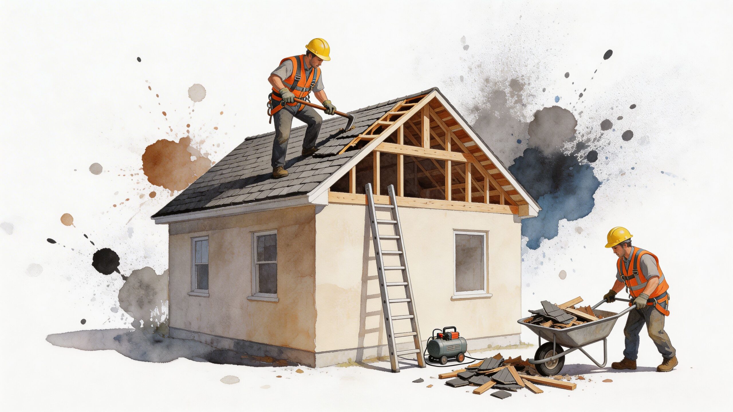 Construction workers performing a second story addition to a house using a ladder and wheelbarrow.
