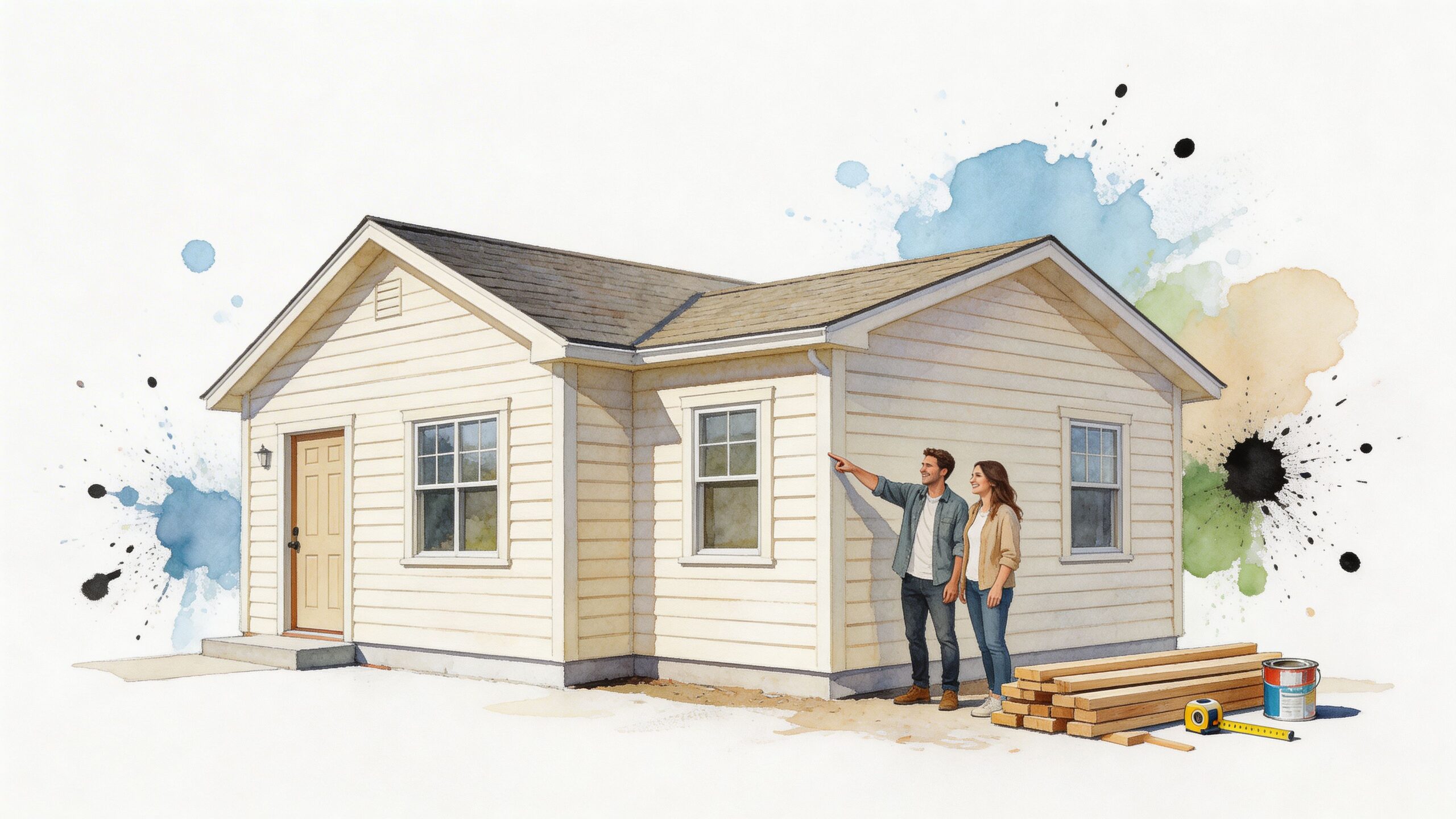 A couple standing in front of their home exterior, planning a second story addition for house renovation.