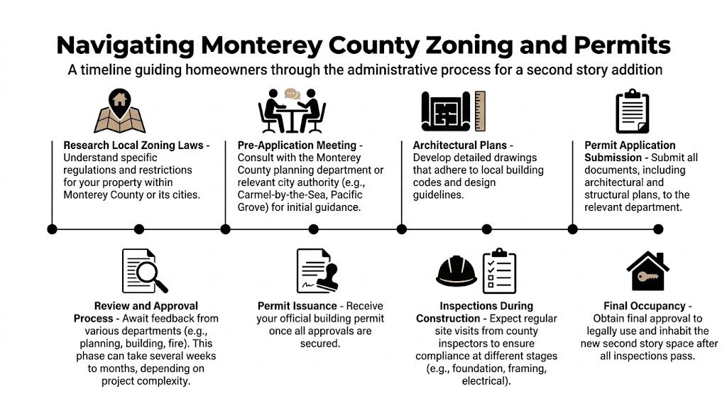 A timeline graphic showing the step-by-step administrative process for building a second story addition in Monterey County.