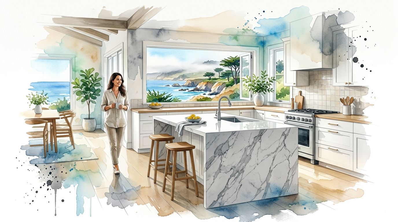 A woman stands in a bright, modern kitchen featuring a luxurious marble waterfall edge kitchen island.