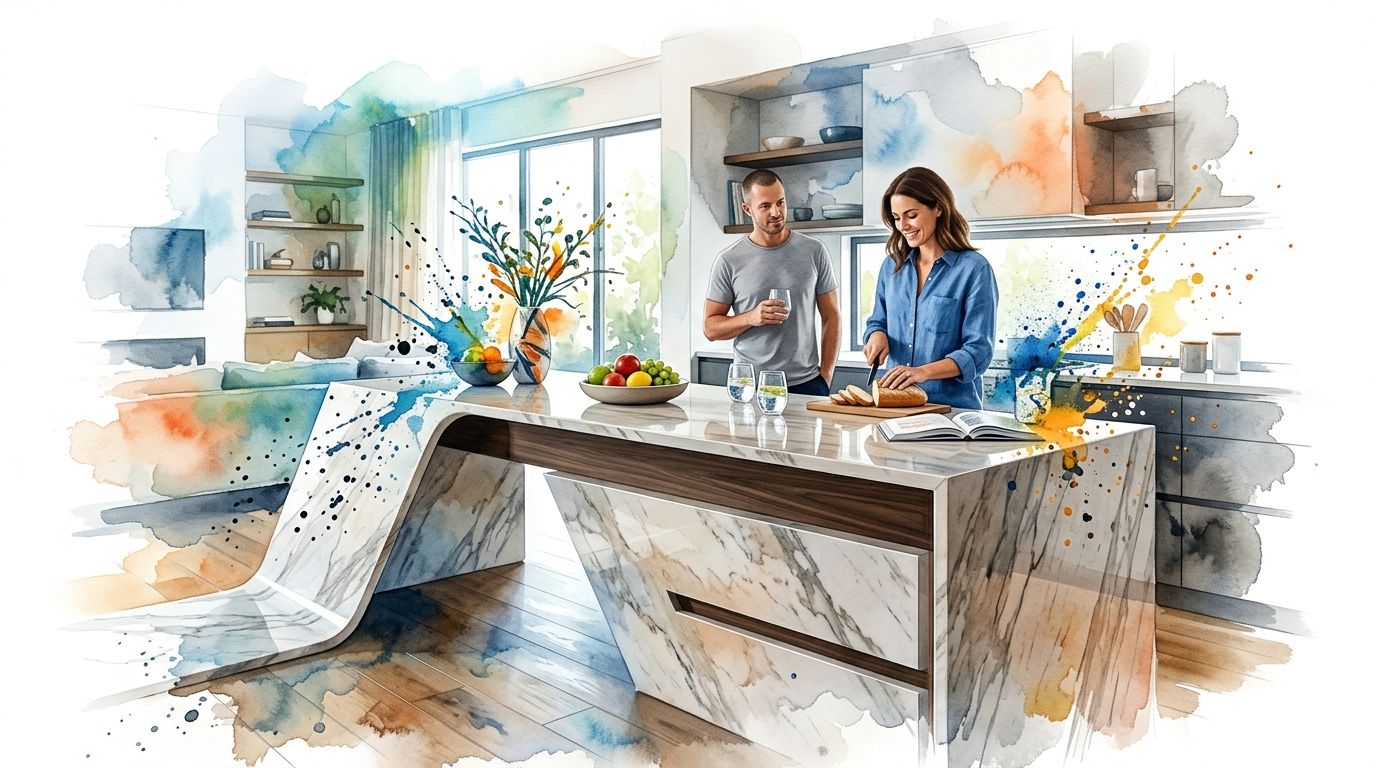 A couple interacting in a bright kitchen with a modern marble waterfall edge island and watercolor artistic accents.
