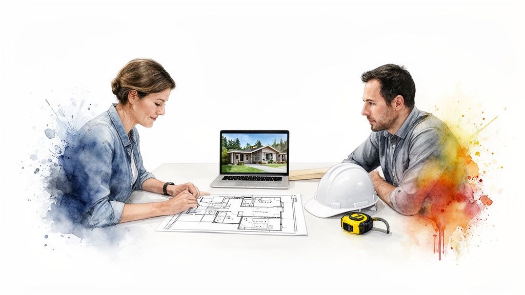 Two professionals reviewing house plans and a laptop showing a home design, with construction tools.