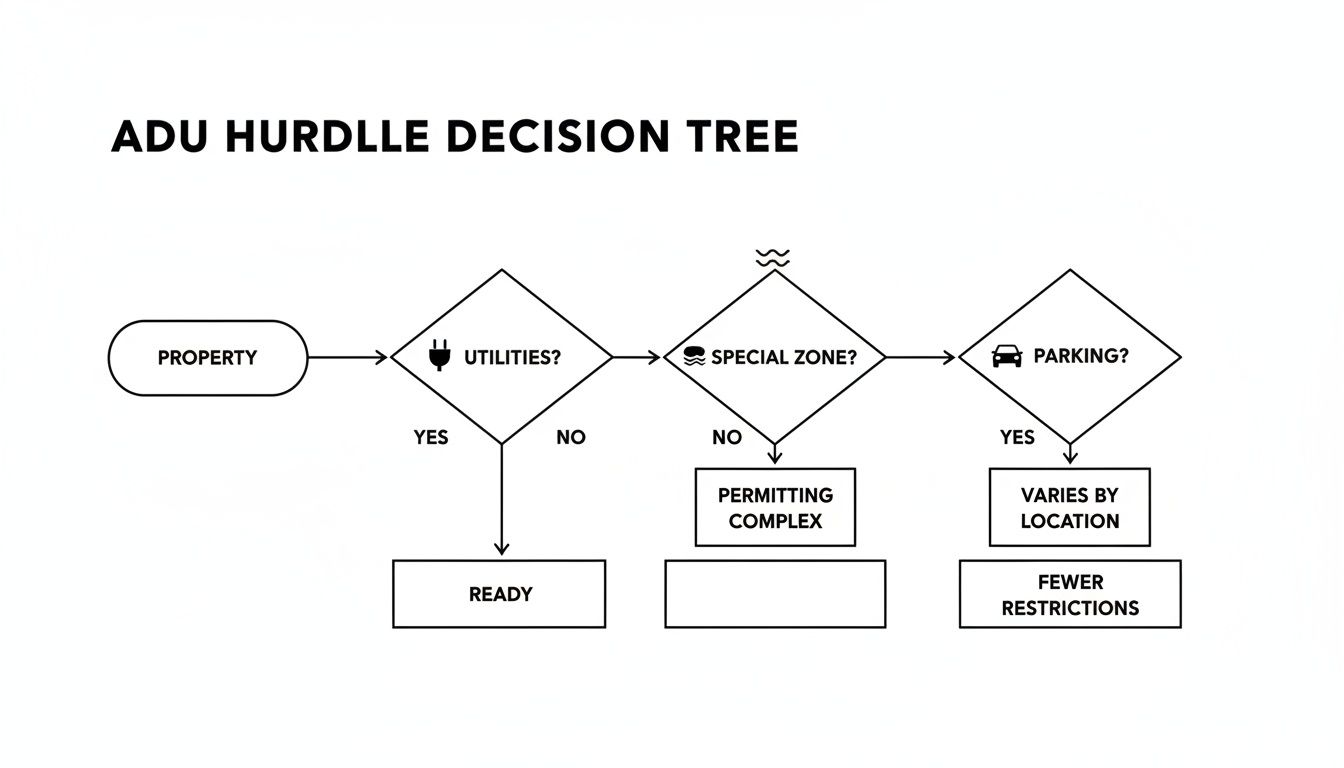 An ADU hurdle decision tree flowchart outlining steps for utilities, special zones, and parking.