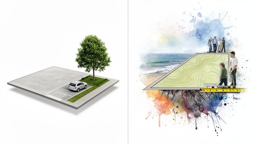 Illustrations of two land plots: one with a car park and tree, the other a surveyed coastal area with people.