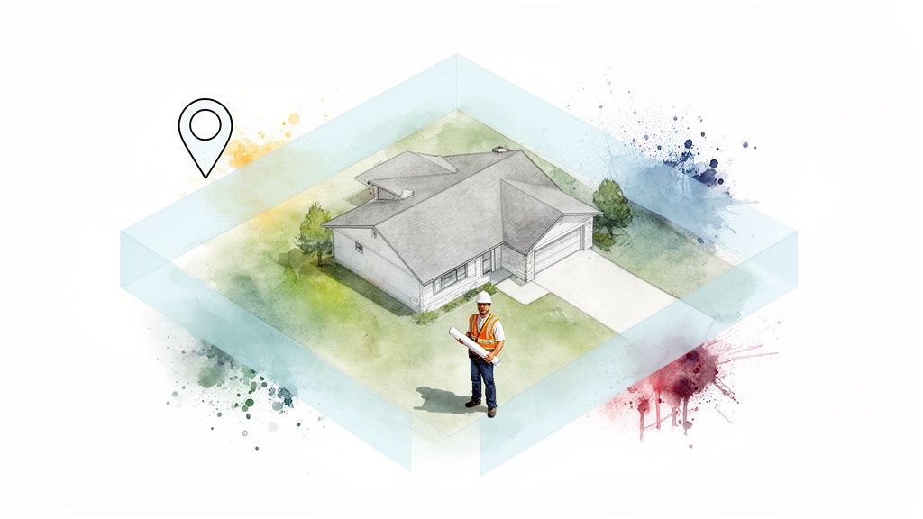 Isometric illustration of a house with a construction worker, blueprints, and location pin within colorful splashes.