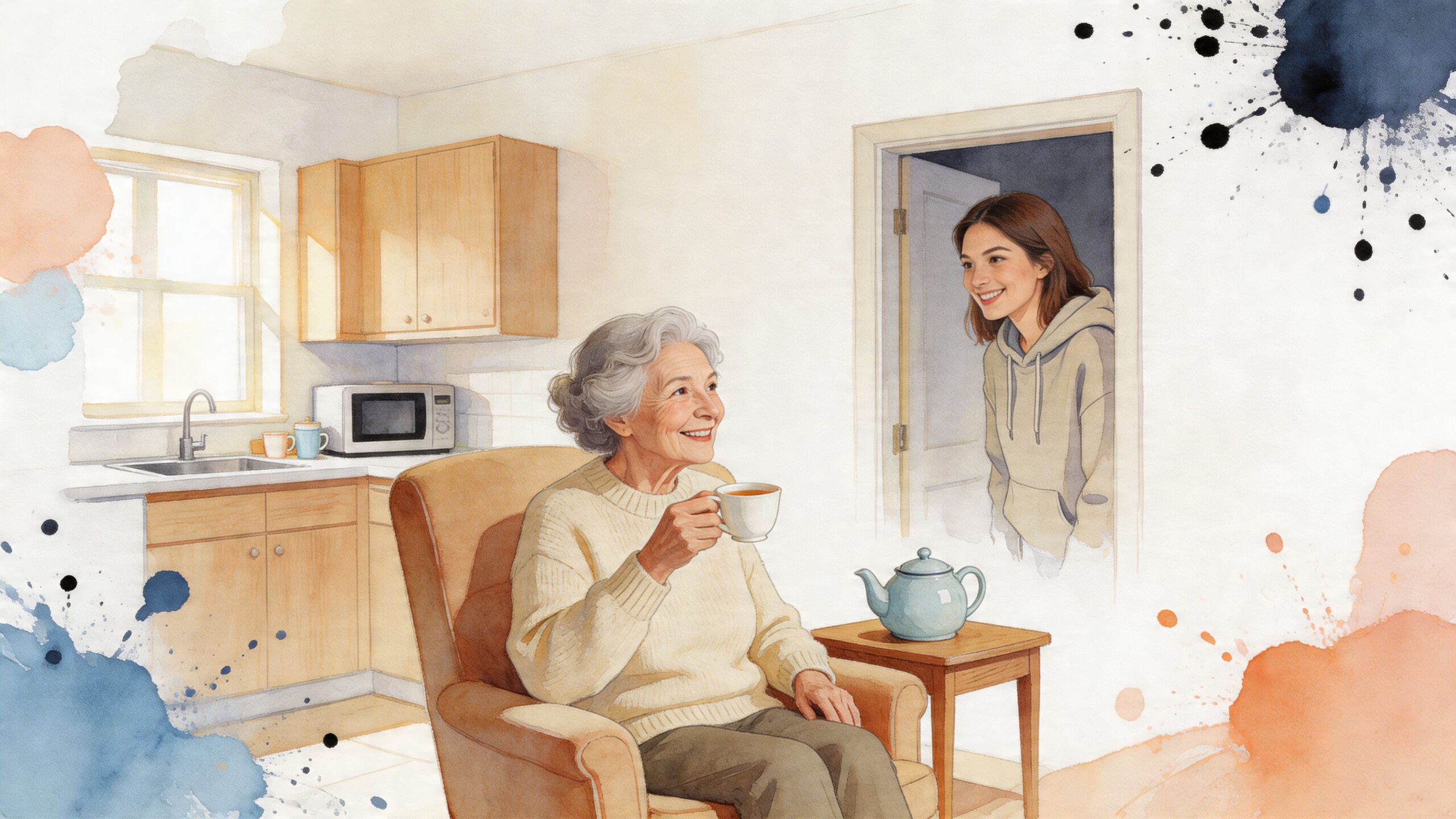 A happy senior woman drinking tea while a younger woman smiles at her from a doorway.