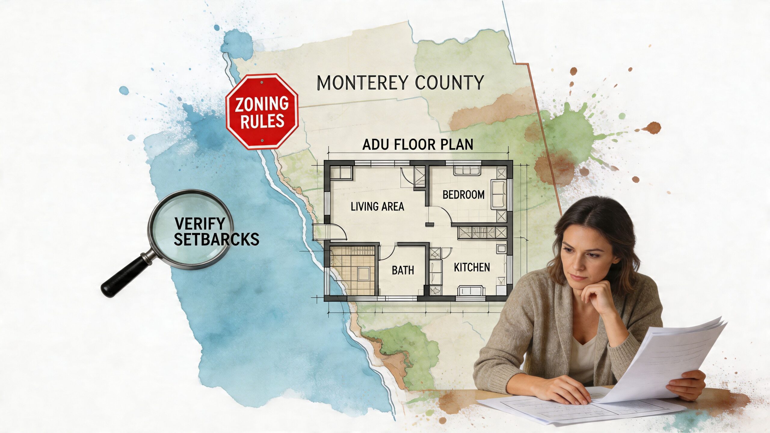 A woman reviewing documents about Monterey County zoning rules and ADU floor plans for an in-law suite.