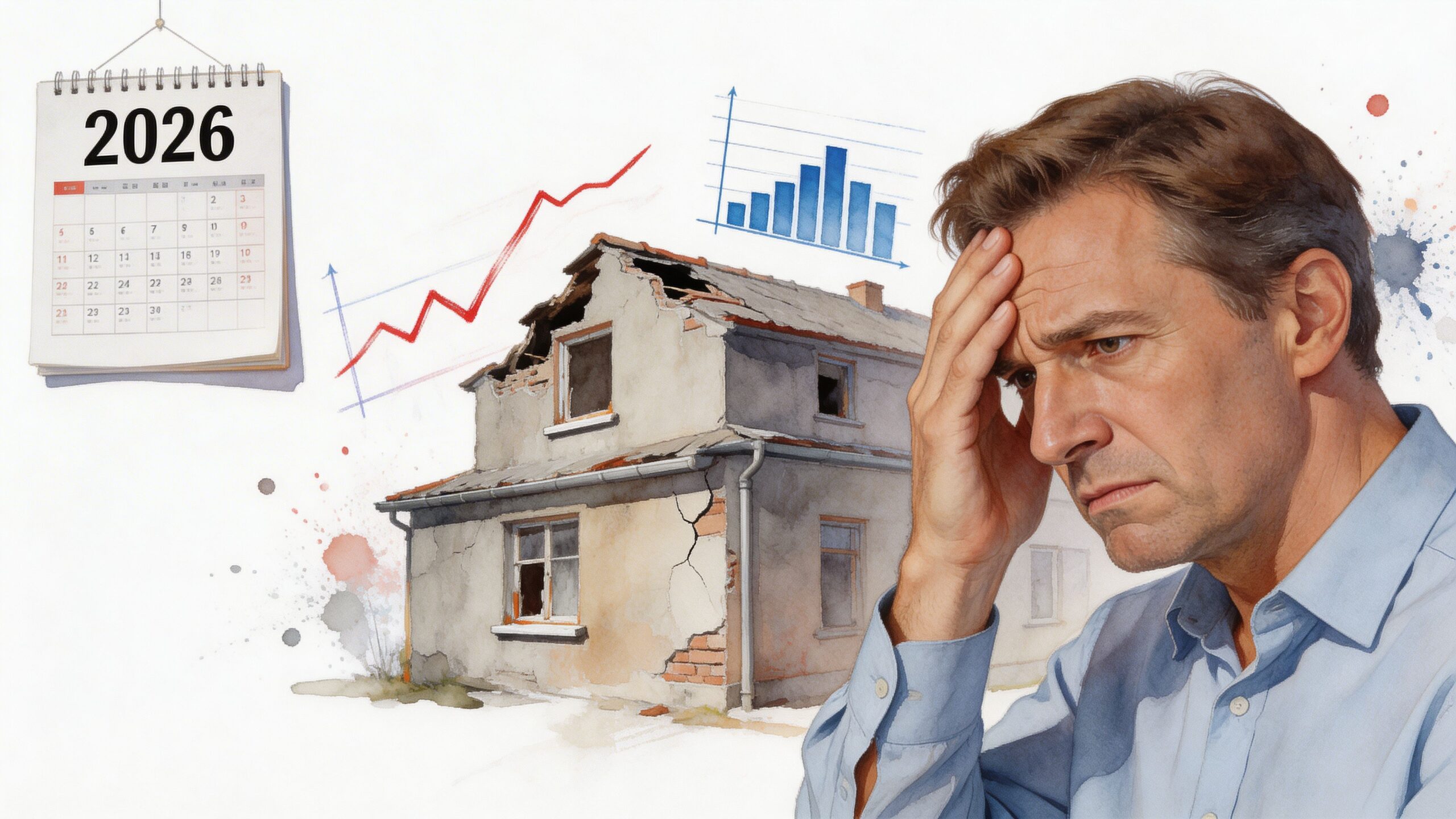 A concerned man stands near a damaged house, a 2026 calendar, and charts indicating rising renovation costs.
