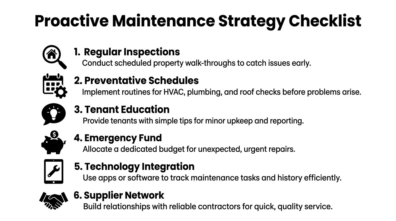 A checklist infographic titled Proactive Maintenance Strategy Checklist for managing rental property repairs efficiently and consistently.