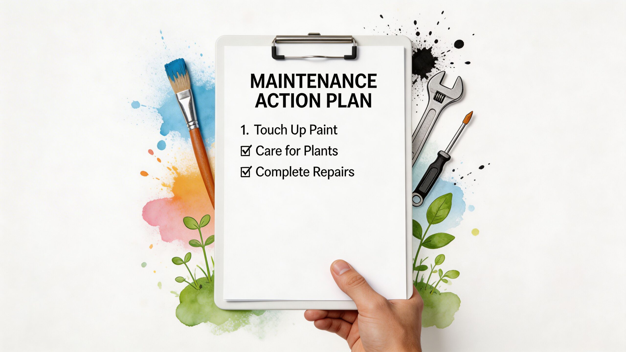 A hand holding a clipboard listing maintenance action plan items next to tools and colorful paint splatters.